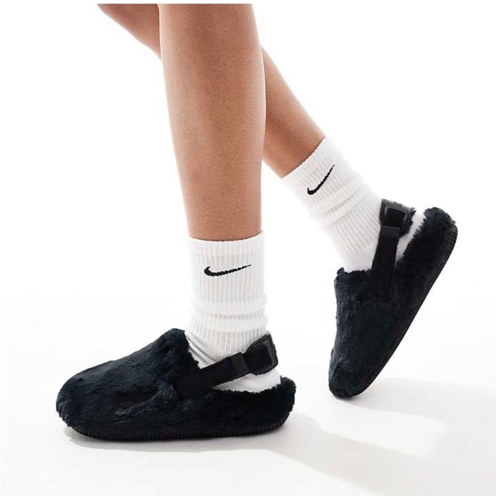 Nike Calm Mule SE Slides Black Fuzzy Fur Slip On Sandals - Women's new